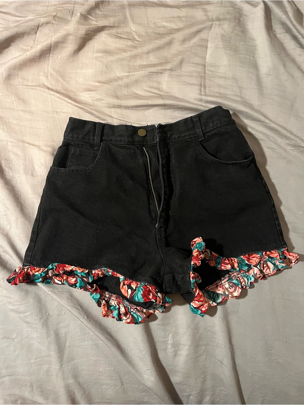 Women's Black High-Waist Shorts with Floral Ruffle Trim
